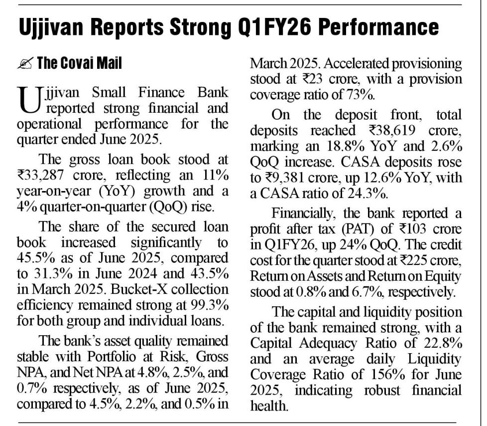 Ujjivan Reports Strong Q1FY26 Performance