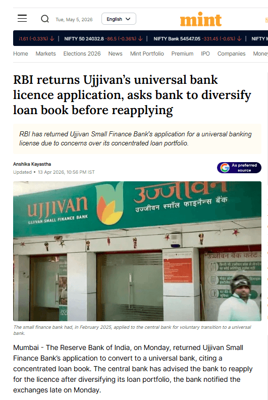 RBI rejects Ujjivan s universal bank licence application, asks bank to diversify loan book before reapplying