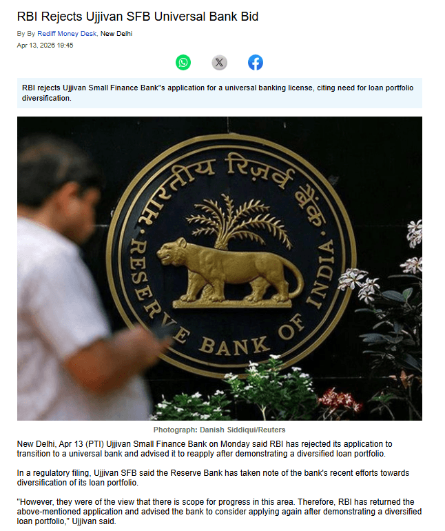 RBI Rejects Ujjivan SFB Universal Bank Bid