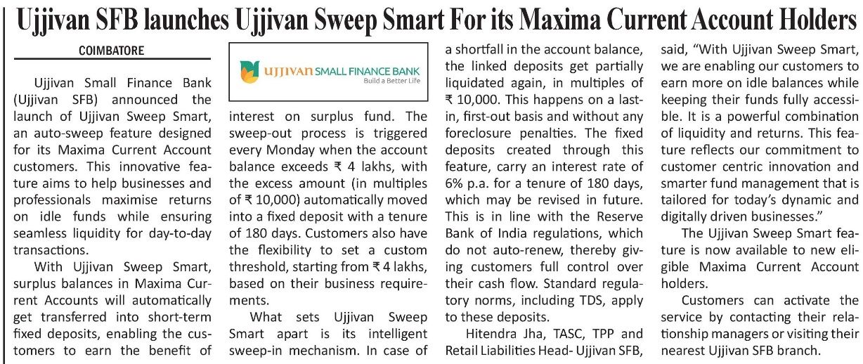 Ujjivan SFB launches Ujjivan Sweep Smart For its Maxima Current Account Holders
