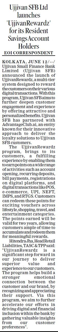 Ujjivan SFB Ltd launches 'Ujjivan  Rewardz' for its Resident Savings Account Holders