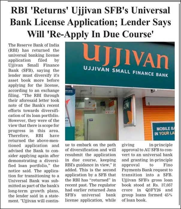 RBI 'Returns' Ujjivan SFB's Universal Bank License Application; Lender Says Will 'Re-Apply In Due Course'
