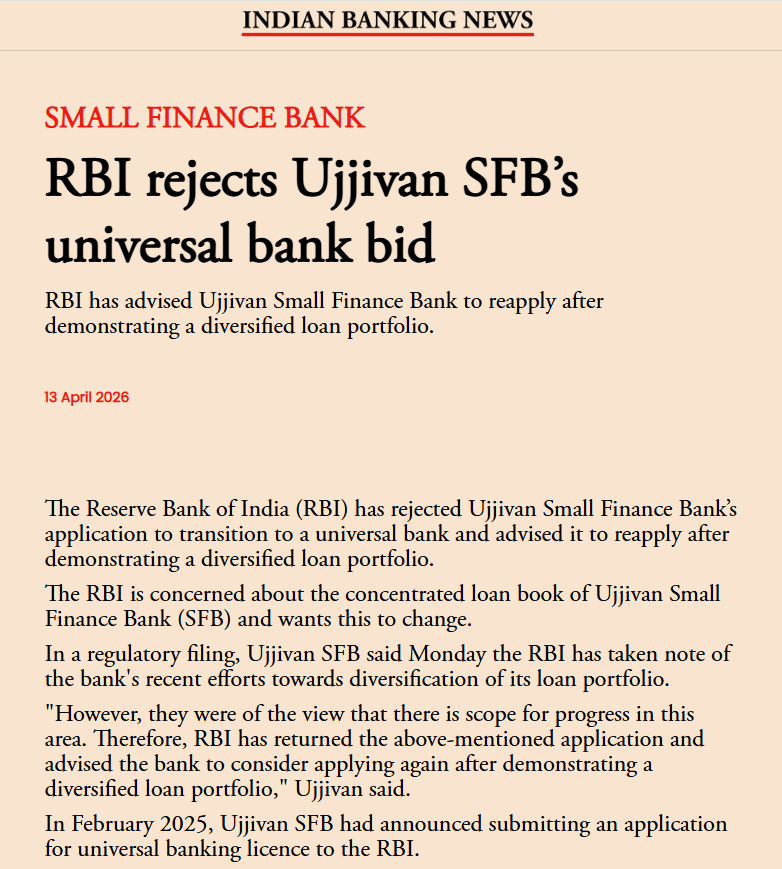 RBI Rejects Ujjivan SFB Universal Bank Bid
