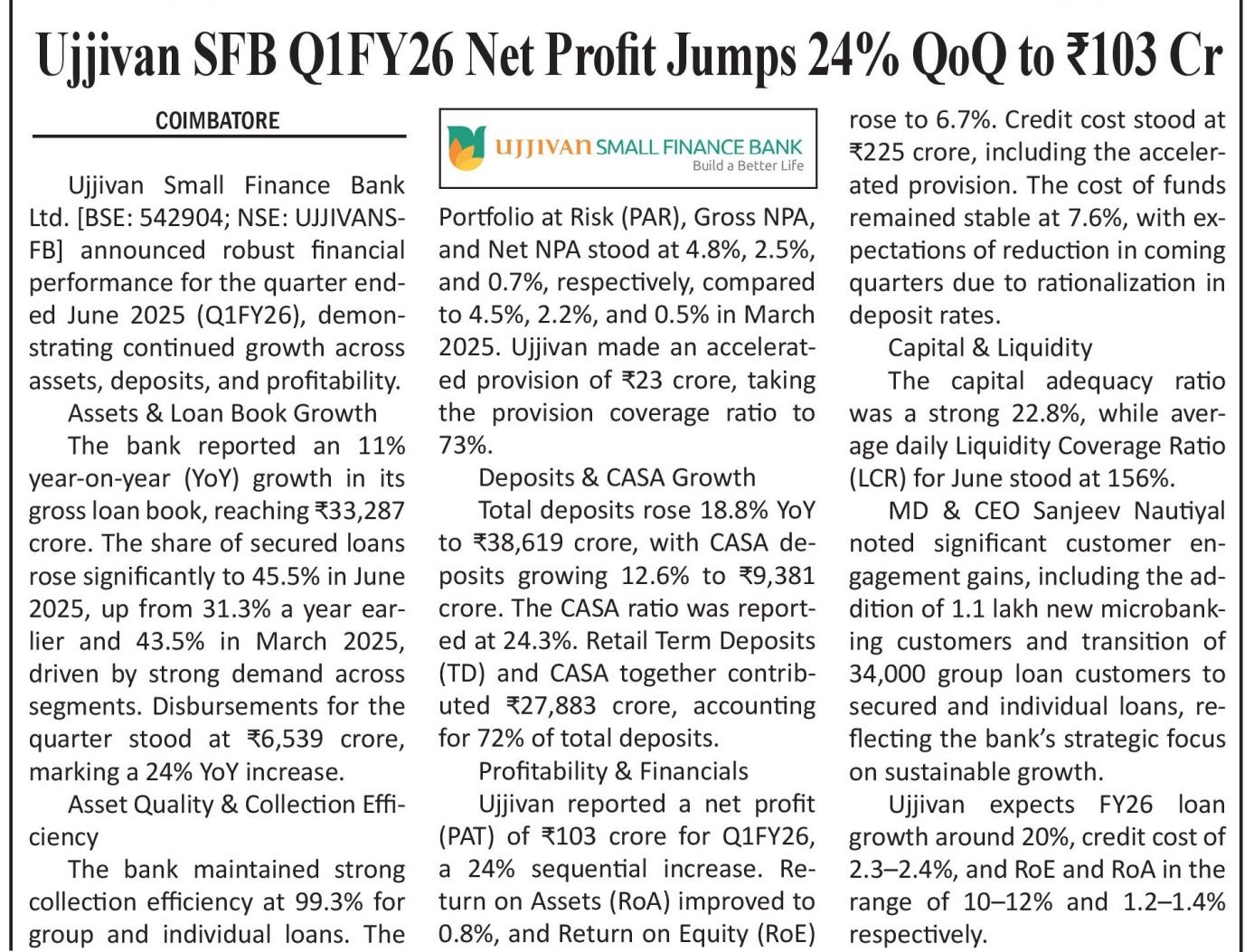 Ujjivan SFB Q1FY26 Net Profit Jumps 24% QoQ to ?103 Cr