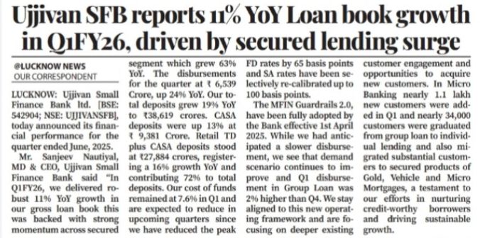 Ujjivan SFB reports 11% YoY Loan book growth in Q1FY26, driven by secured lending surge