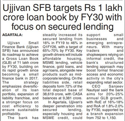 Ujjivan SFB targets Rs 1 lakh crore loan book by FY30 with focus on secured lending