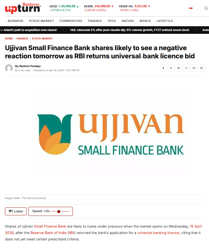 Ujjivan Small Finance Bank shares likely to see a negative reaction tomorrow as RBI returns universalbank licence bid