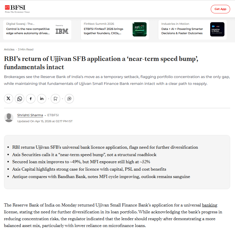 RBI’s return of Ujjivan SFB application a ‘near-term speed bump’, fundamentals intact