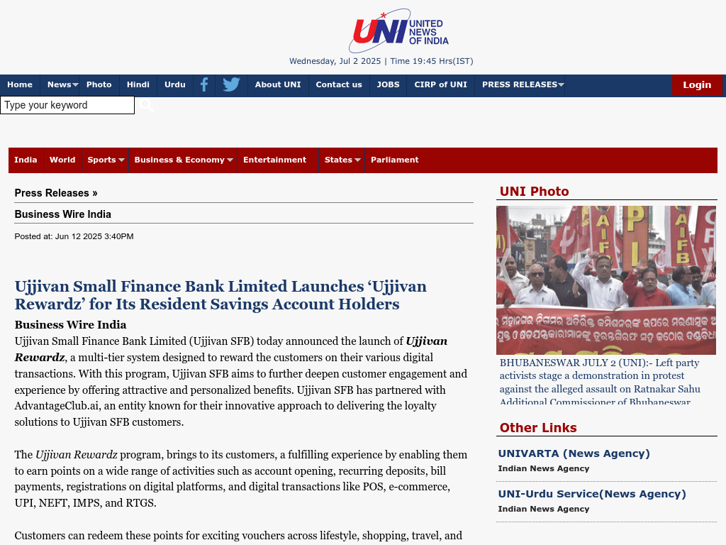 Ujjivan Small Finance Bank Limited Launches ‘Ujjivan Rewardz’ for Its Resident Savings Account Holders