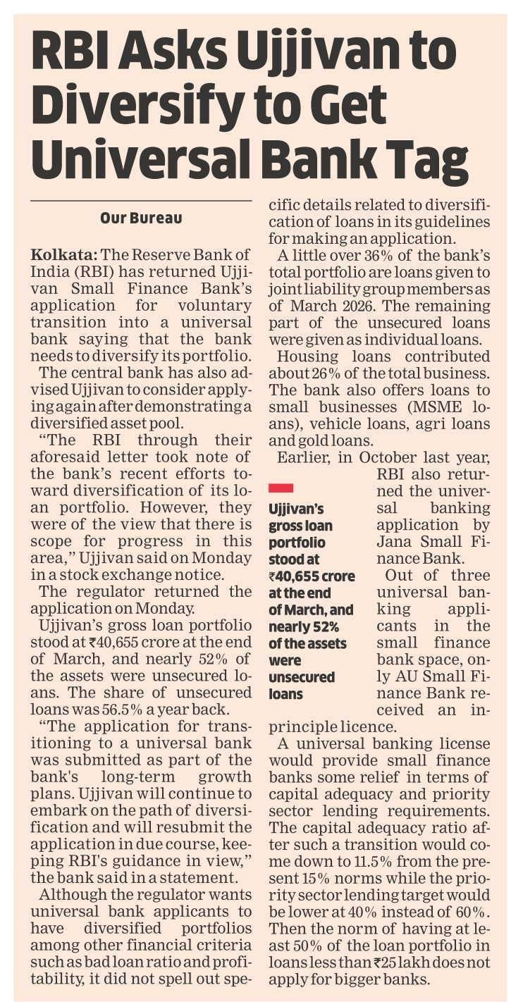 RBI Asks Ujjivan to Diversify to Get Universal Bank Tag