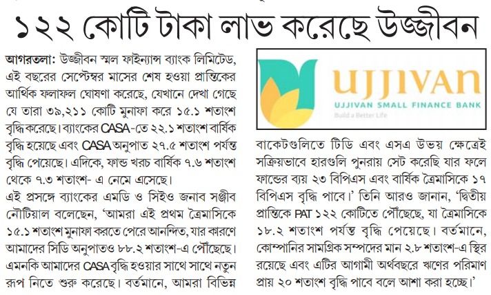 Ujjivan has made a profit of Rs 122 crore