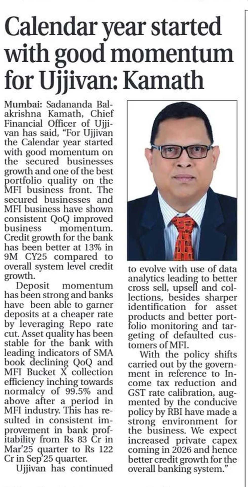 Calendar year started with good momentum for Ujjivan: Kamath