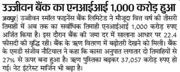 Ujjivan Bank's net interest income reached Rs 1,000 crore