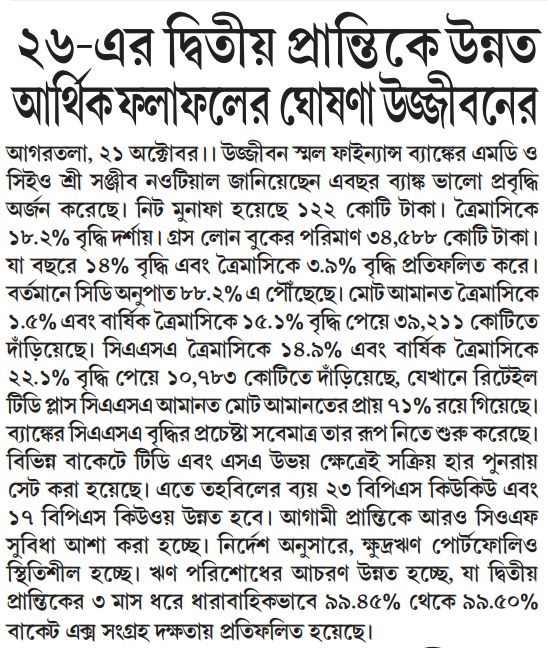 Ujjivan announces improved financial results in Q2 2026