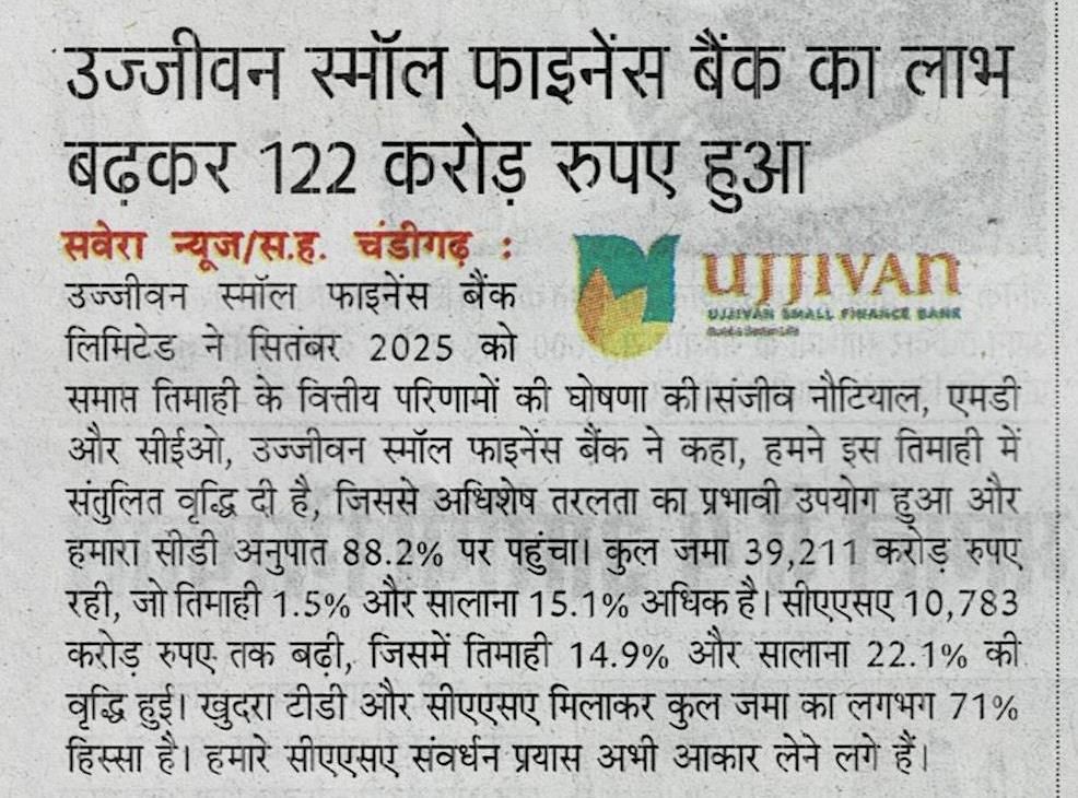 Ujjivan Small Finance Bank's profit rises to Rs 122 crore