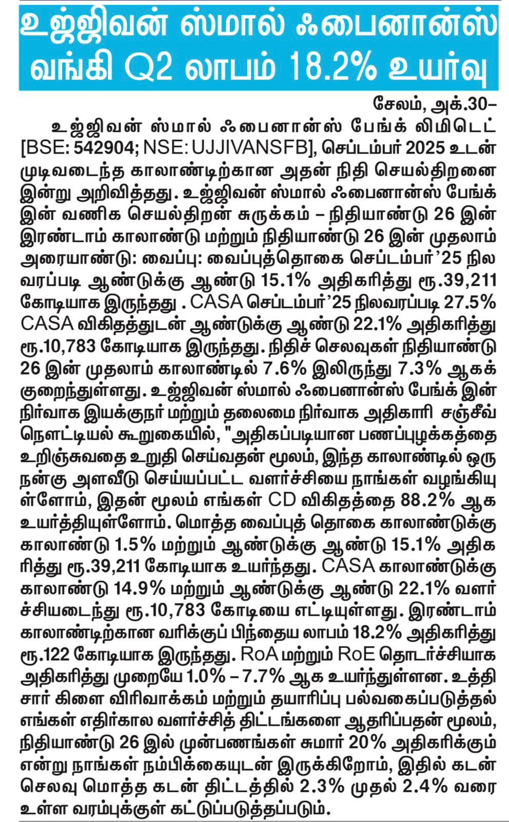 Small Finance Bank' Rs 2 profit up 18.2%