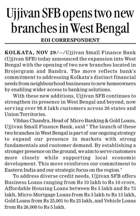 Ujjivan SFB opens two new branches in West Bengal