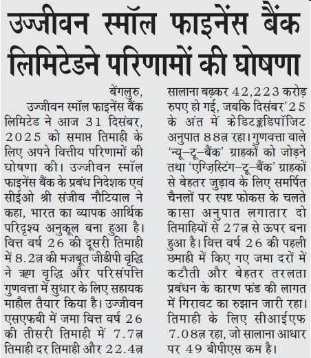 Ujjivan Small Finance Bank Limited announced its results