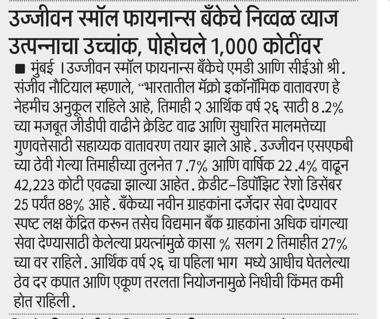 Ujjivan Small Finance Bank's net interest income reaches a record high, crossing Rs 1,000 crore