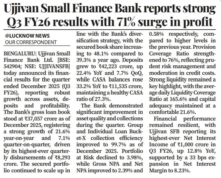 Ujjivan Small Finance Bank reports strong Q3 FY26 results with 71% surge in profit