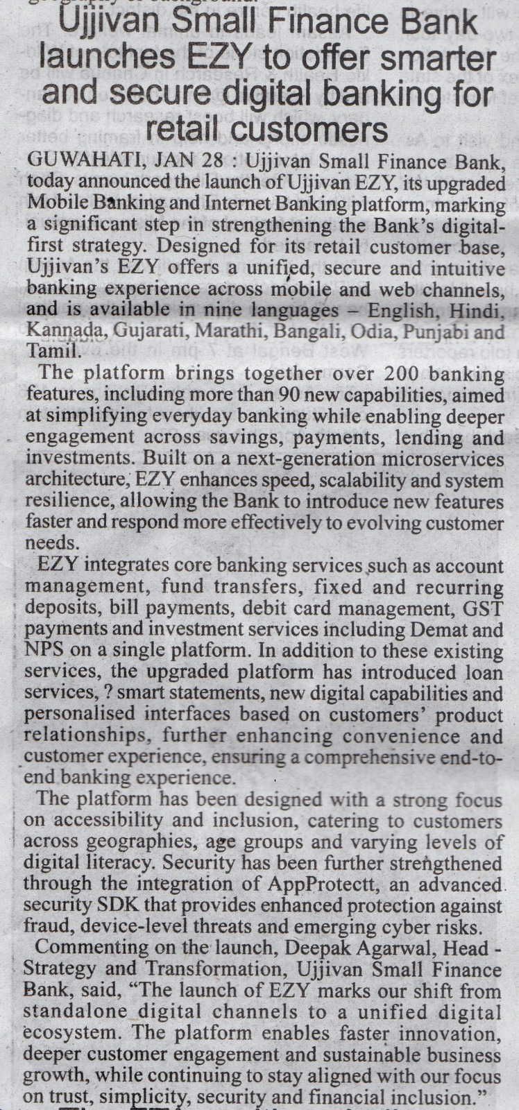 Ujjivan Small Finance Bank launches EZY to offer smarter and secure digital banking for retail customers
