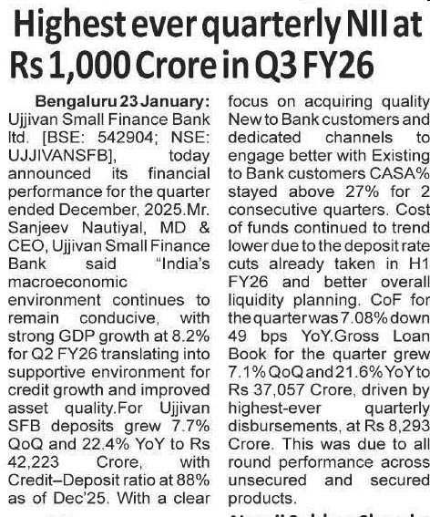 Highest ever quarterly NII at 1,000 Crore in Q3 FY26