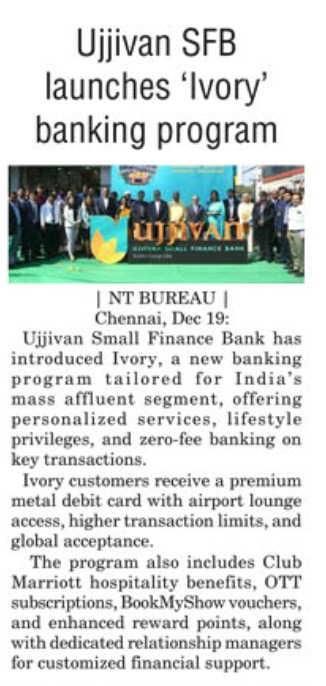 Ujjivan SFB launches 'Ivory' banking program