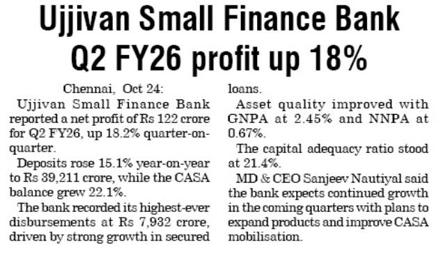 Ujjivan Small Finance Bank Q2 FY26 profit up 18%