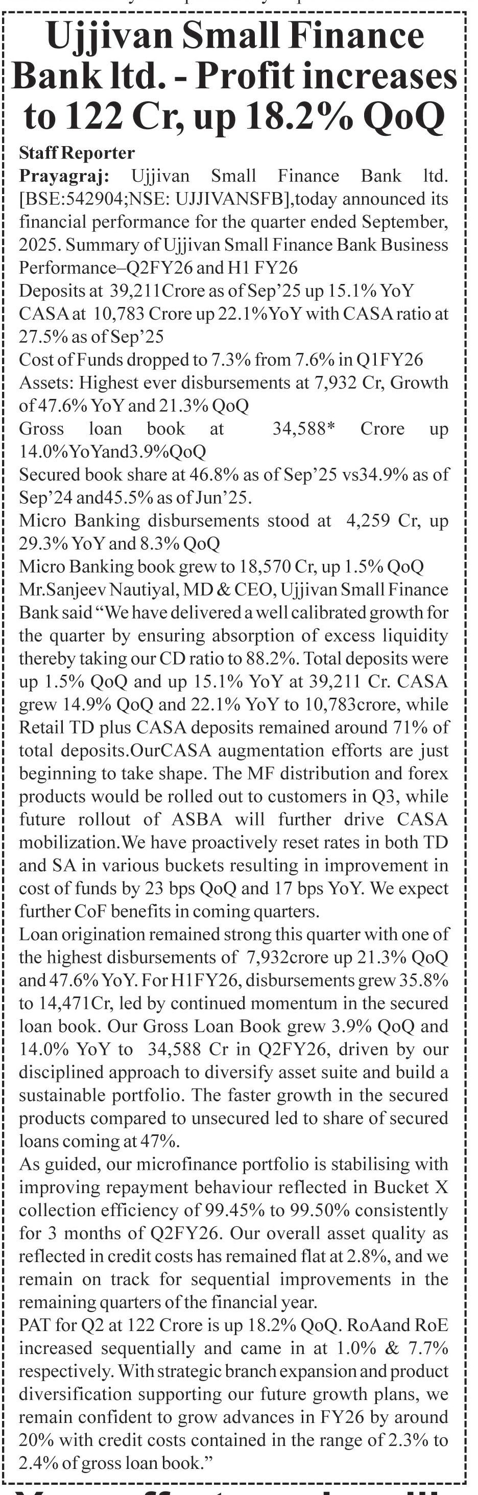 Ujjivan Small Finance Bank ltd. - Profit increases to 122 Cr, up 18.2% QoQ