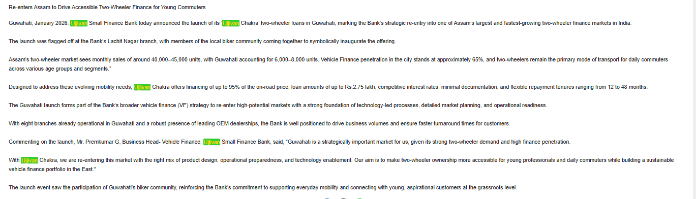 Ujjivan Small Finance Bank Launches Ujjivan Chakra  TwoWheeler Finance in Guwahati - News Express Today
