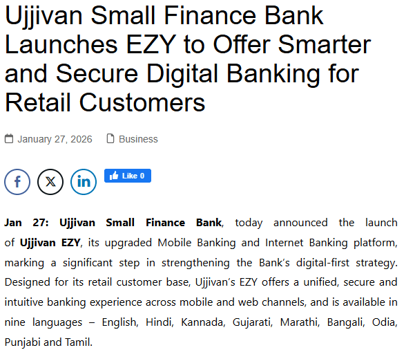 Ujjivan Small Finance Bank Launches EZY to Offer Smarter and Secure Digital Banking for Retail Customers - Contentmediasolution