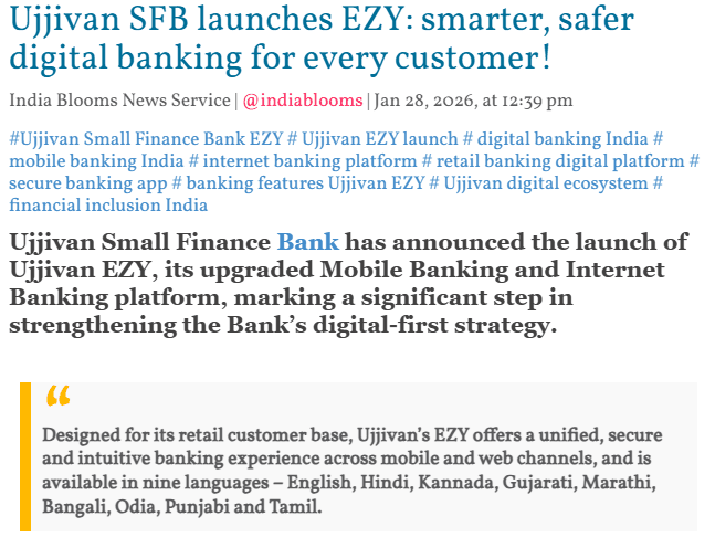 Ujjivan SFB launches EZY: smarter, safer digital banking for every customer!