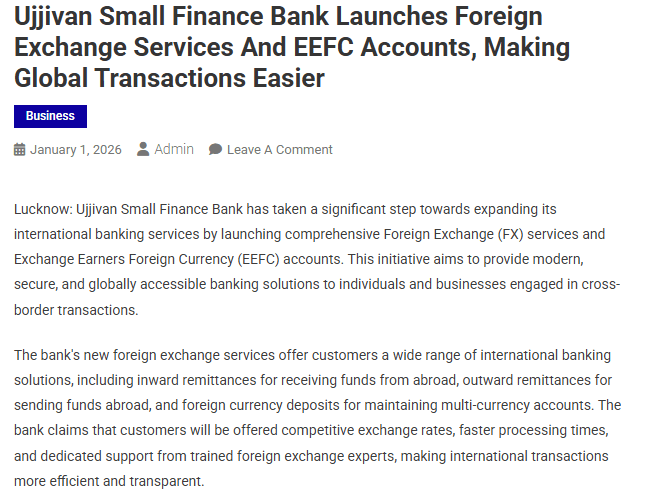 Ujjivan Small Finance Bank launches foreign exchange services and EEFC accounts, making global transactions easier