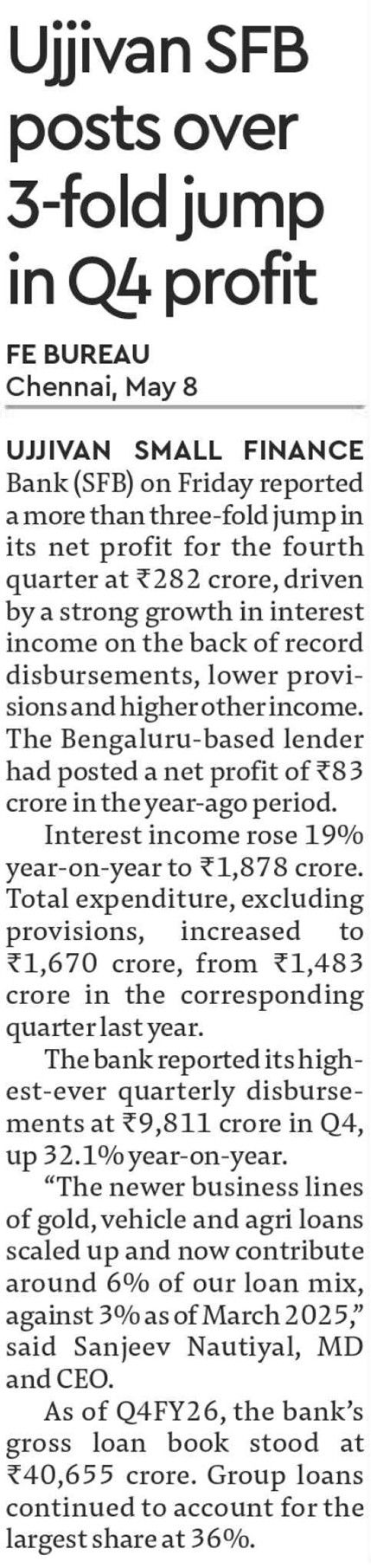 Ujjivan SFB posts over 3-fold jump in Q4 profit
