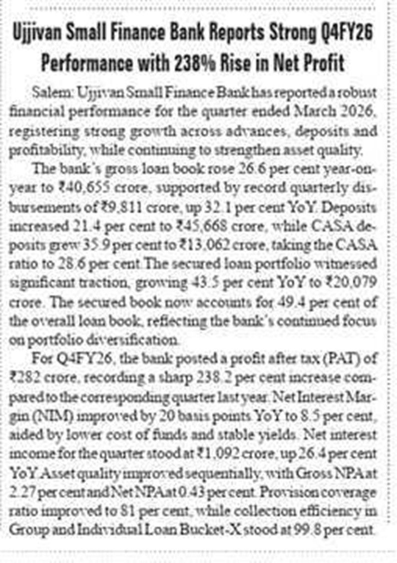 Ujjivan Small Finance Bank Reports Strong Q4FY26 Performance with 238% Rise in Net Profit