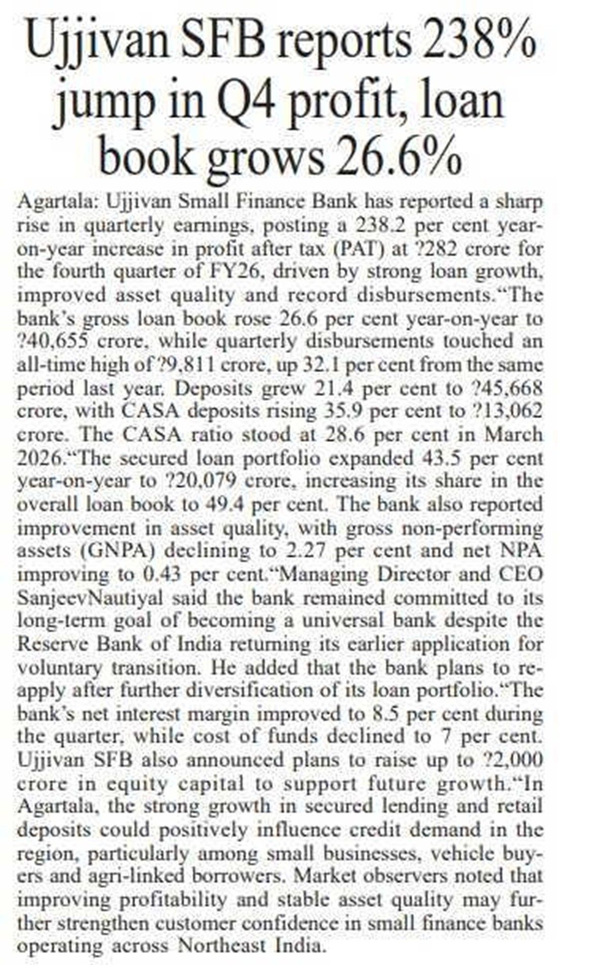 Ujjivan SFB reports 238% jump in Q4 profit, loan book grows 26.6%