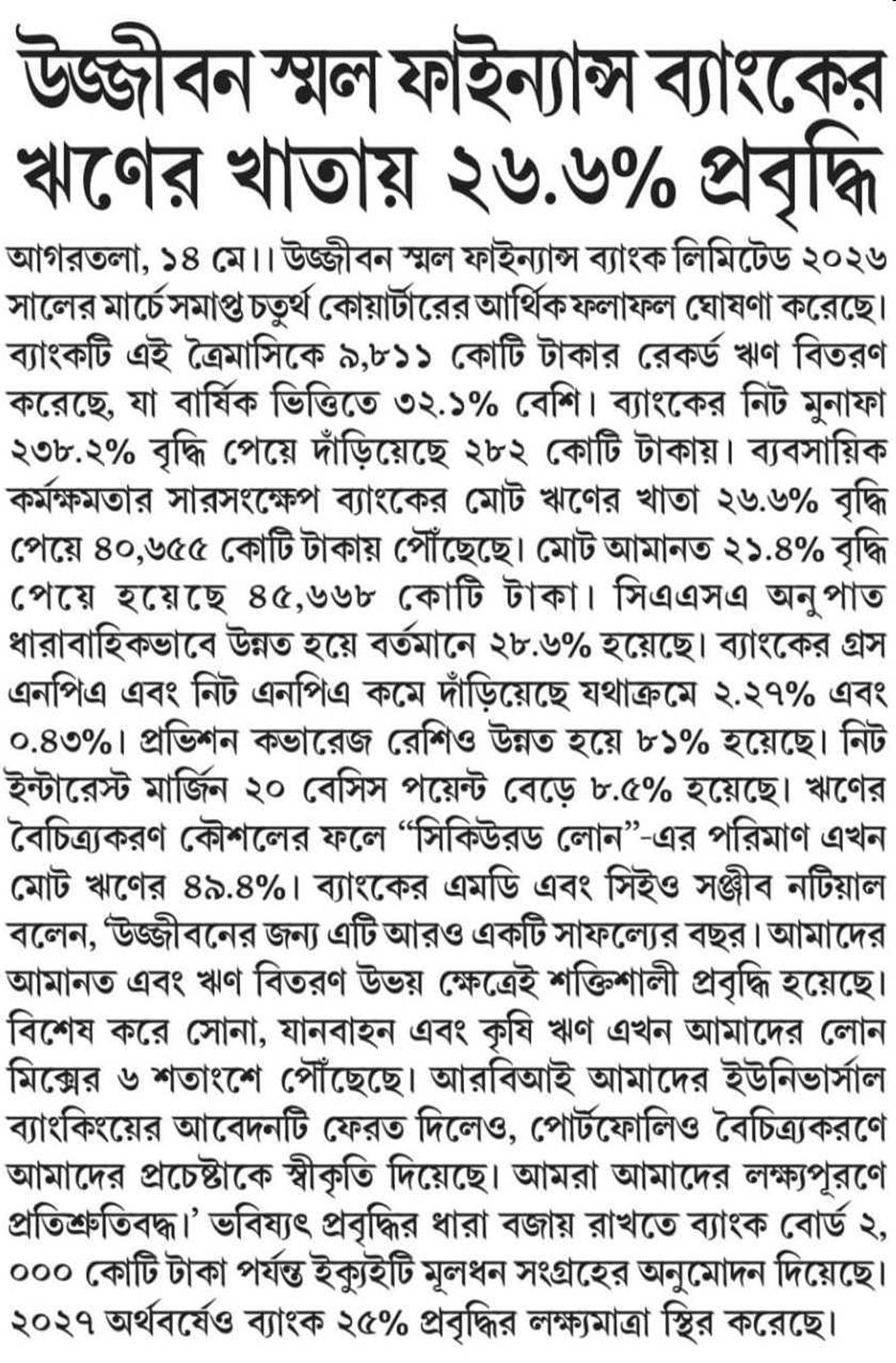 Ujjivan Small Finance Bank Records 26.6% Growth in Loan Book