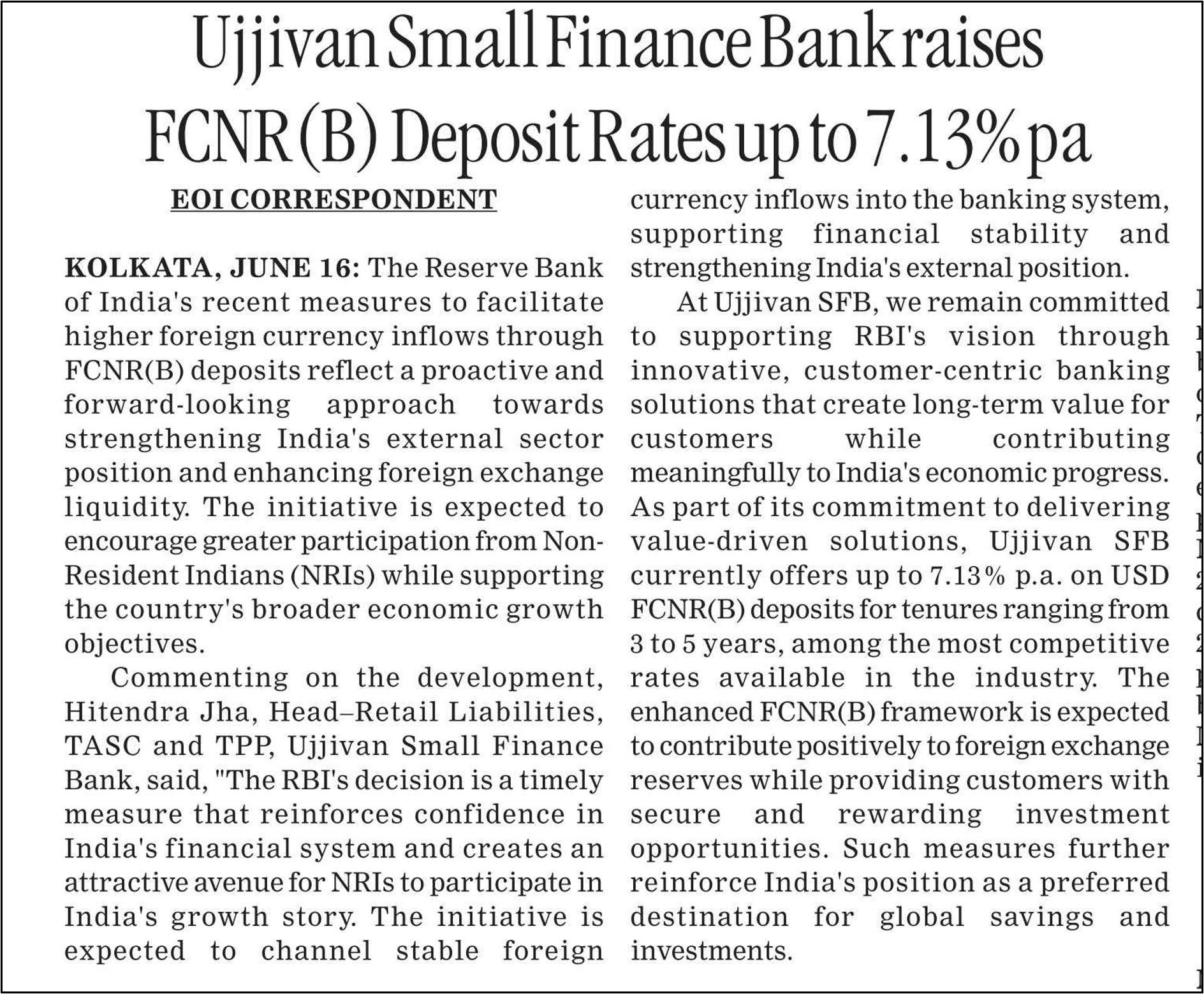Ujjivan Small Finance Bank raisesFCNR(B) Deposit Rates up to 7.13% pa