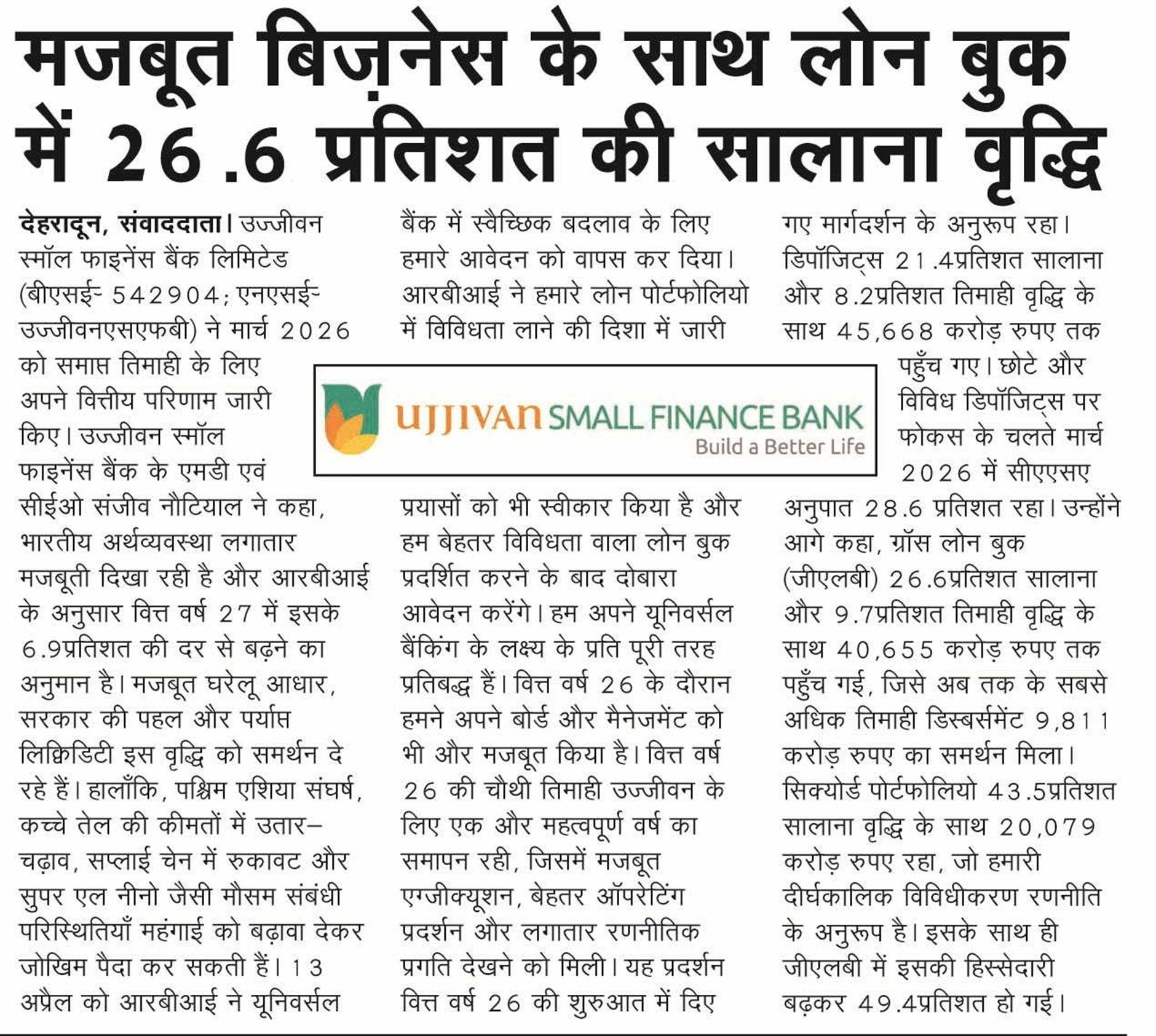 26.6% YoY growth in loan book with strong business
