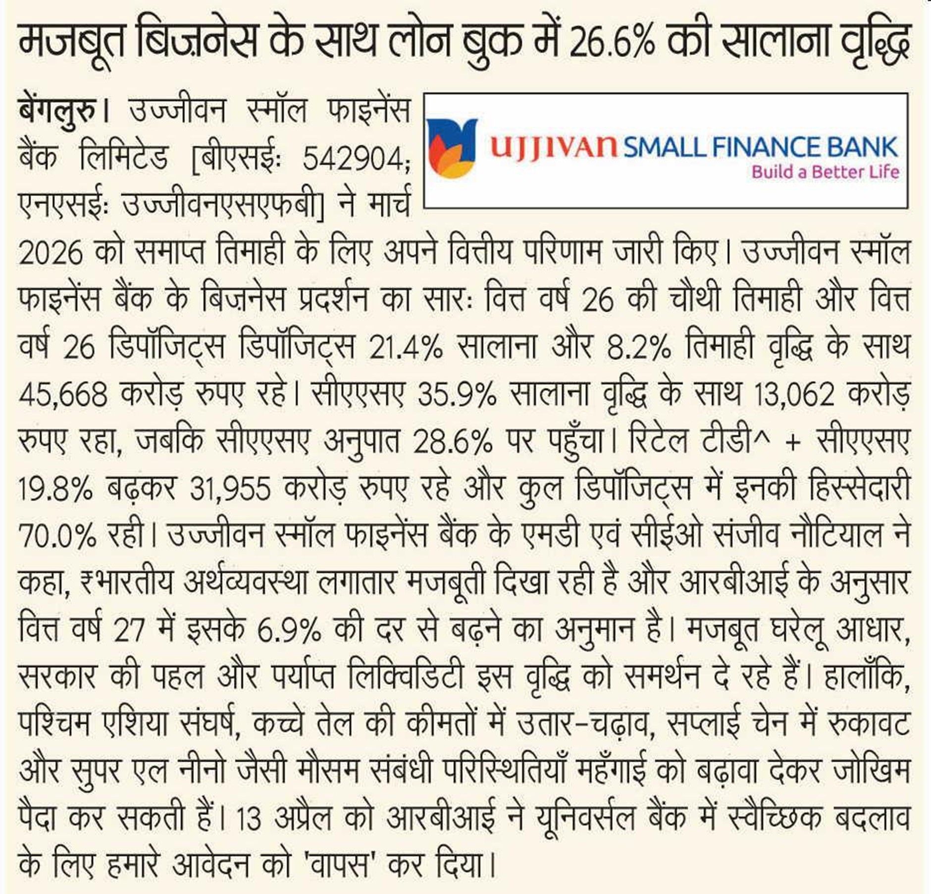 26.6% YoY growth in loan book with strong business