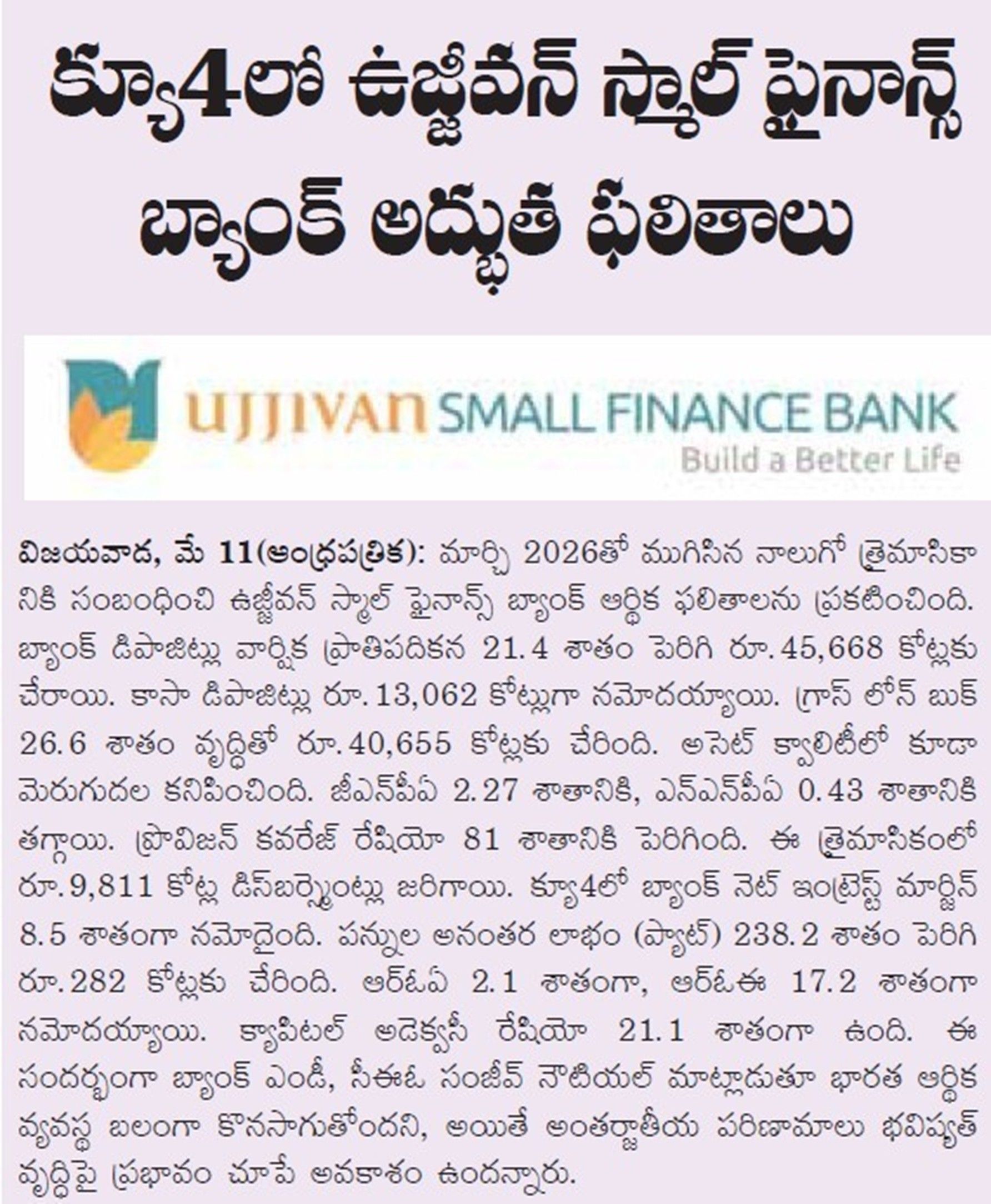 Ujjivan Small Finance Bank Posts Excellent Results in Q4