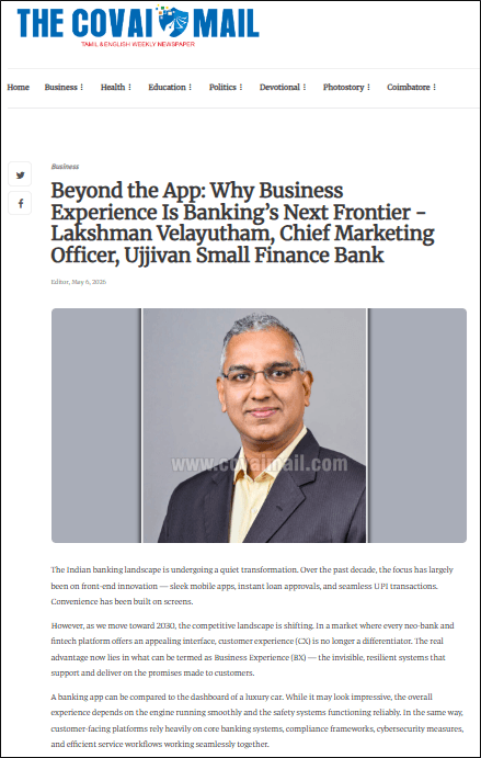 Beyond the App: Why Business Experience Is Banking s Next Frontier  Lakshman Velayutham, Chief Marketing Officer, Ujjivan Small Finance Bank