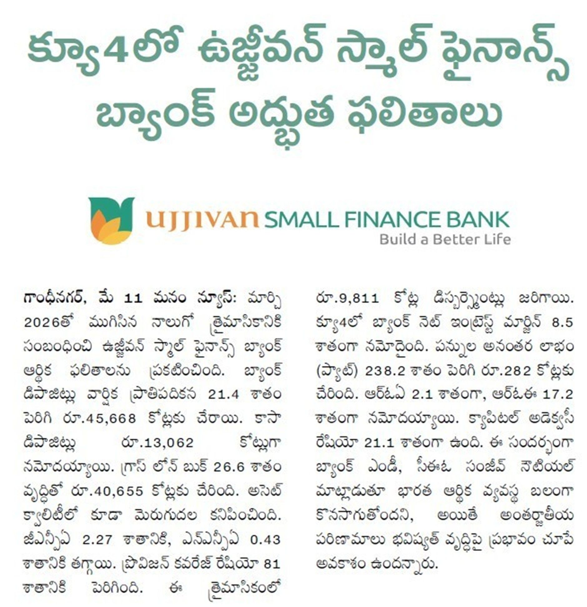 Ujjivan Small Finance Bank Posts Excellent Results in Q4