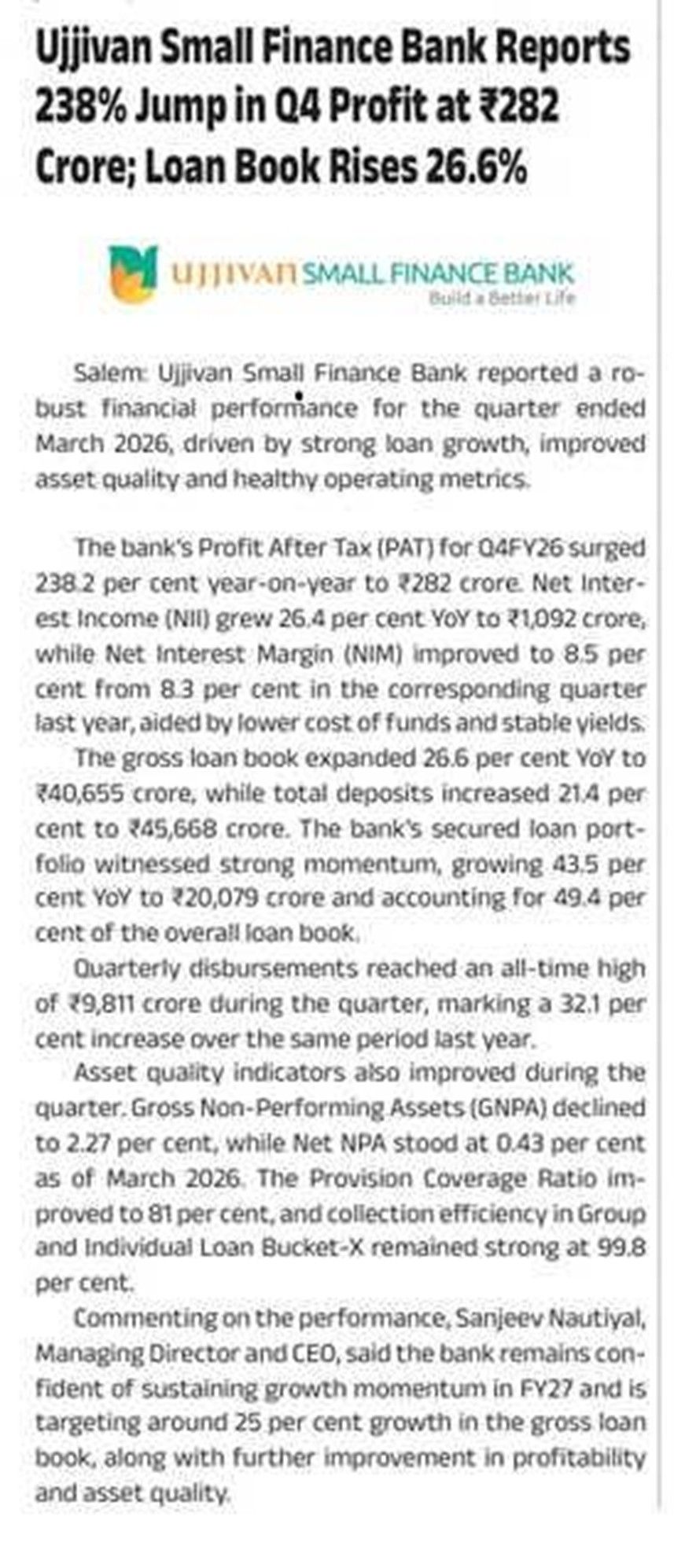Ujjivan Small Finance Bank Reports 238% Jump in Q4 Profit at ?282 Crore; Loan Book Rises 26.6%
