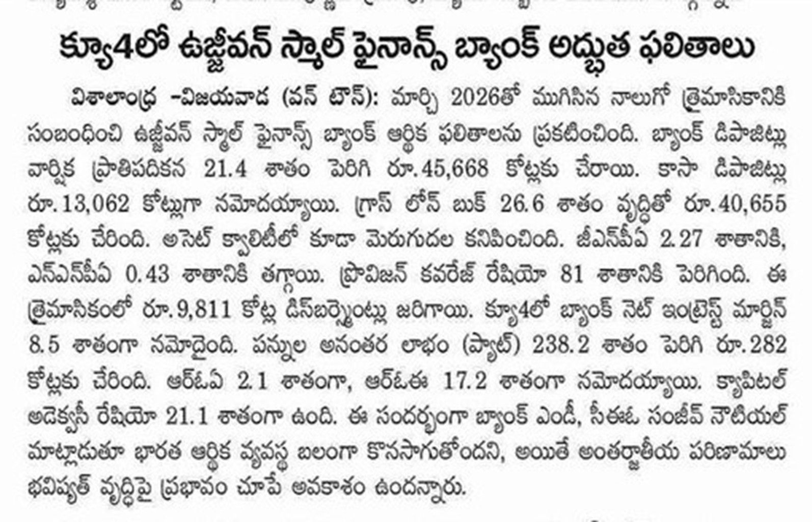 Ujjivan Small Finance Bank Posts Excellent Results in Q4