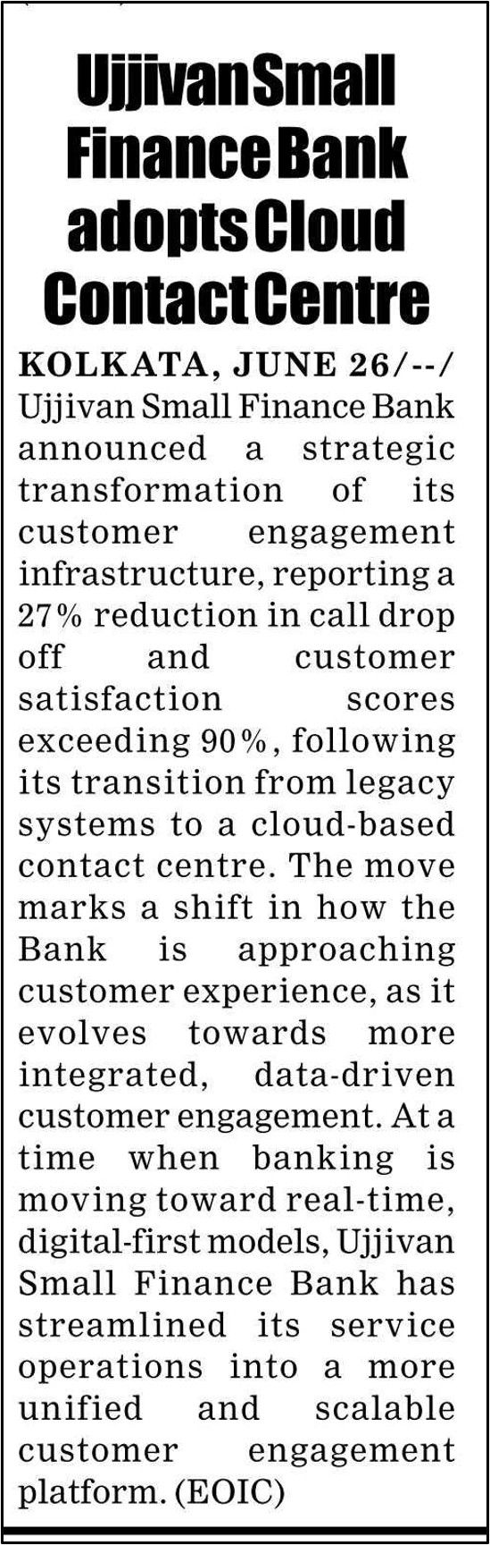 Ujjivan SmallFinance Bankadopts CloudContact Centre