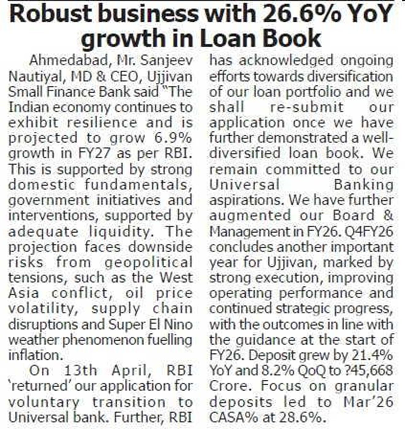 Robust business with 26.6% YoY growth in Loan Book