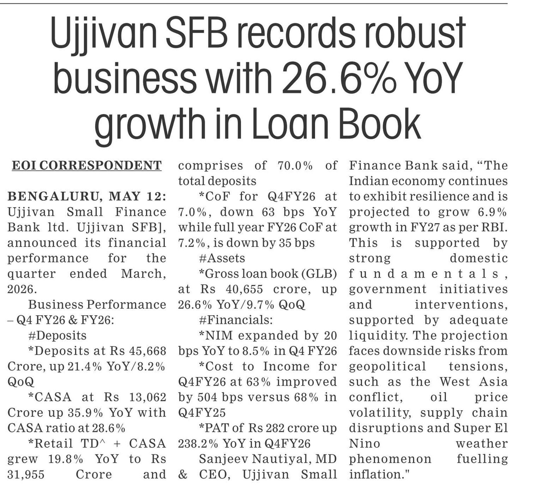 Ujjivan SFB records robustbusiness with 26.6% YoYgrowth in Loan Book