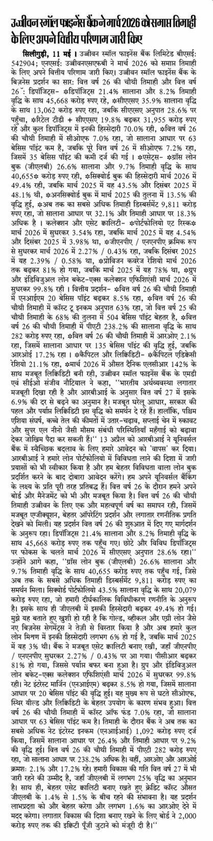 Ujjvan Small Finance Bank released its financial results for the quarter ended March 2026