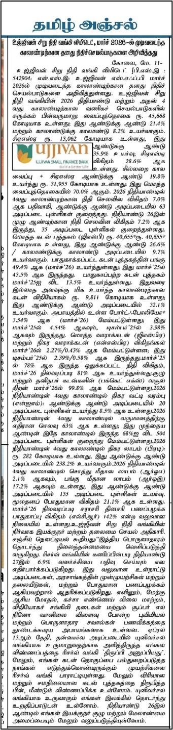 Ujjivan Small Finance Bank Limited announced its financial results for the quarter ending March 2026.